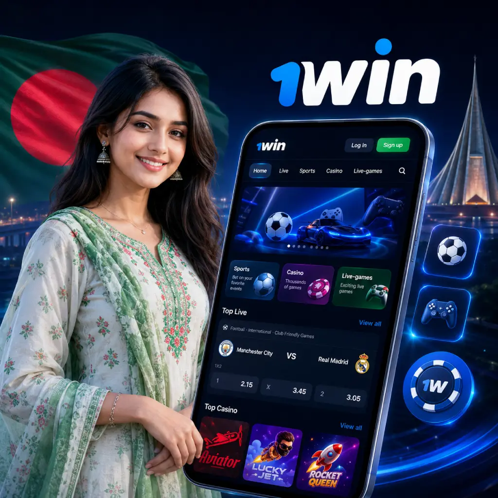 Bangladeshi woman beside a smartphone showing the English 1win website interface