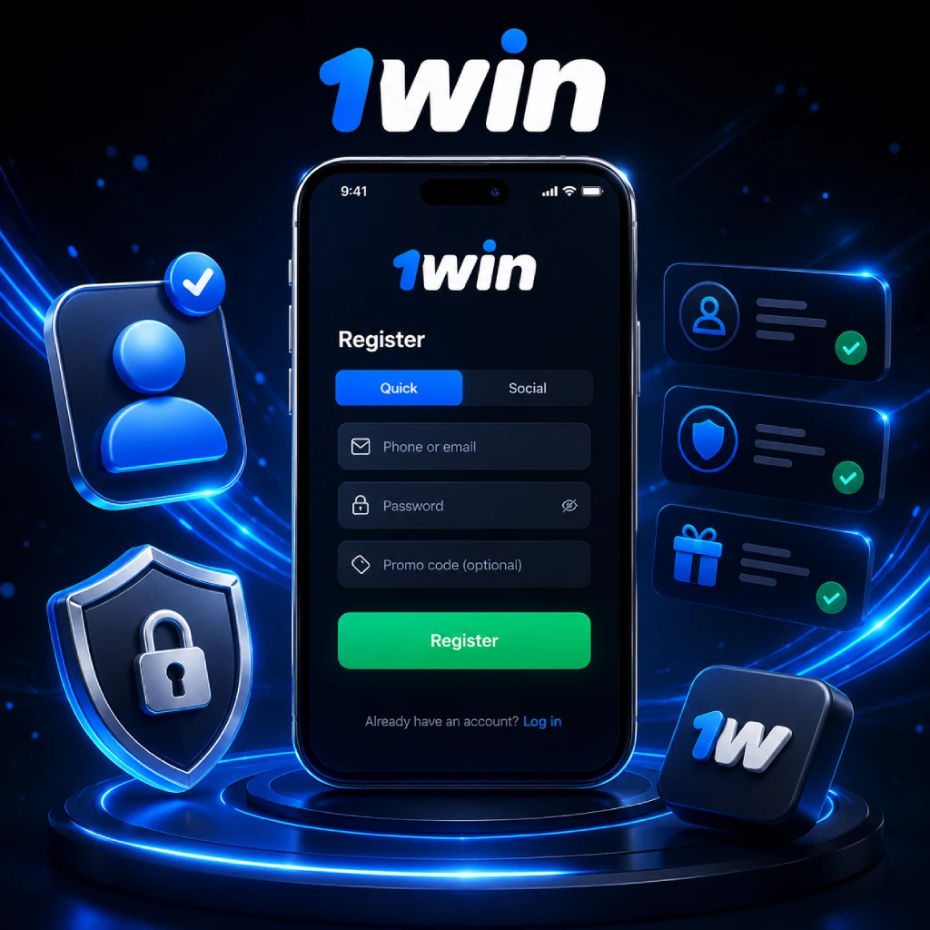 1win registration form displayed on a smartphone with secure account verification icons