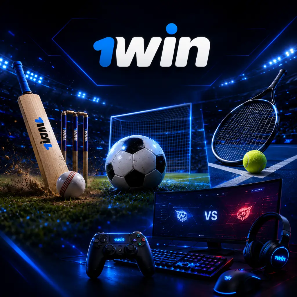 1win sports betting markets banner featuring cricket, football, esports and tennis